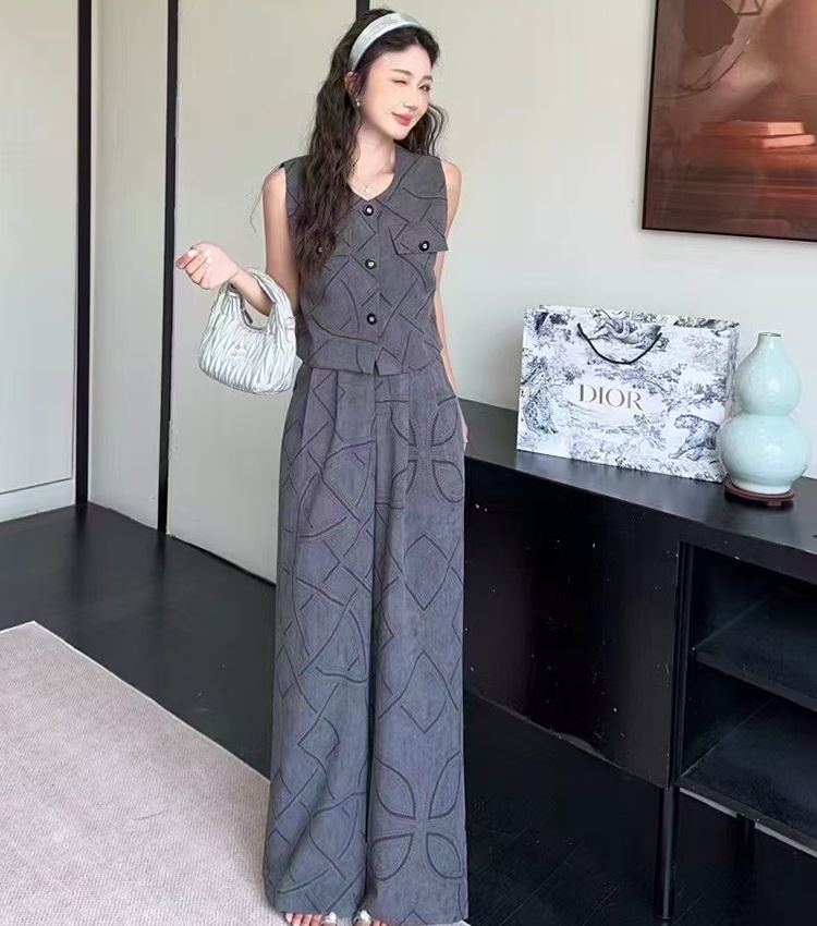 Casual slim vest summer wide leg pants 2pcs set for women