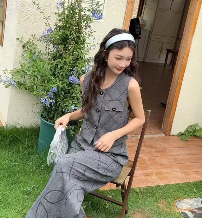 Casual slim vest summer wide leg pants 2pcs set for women