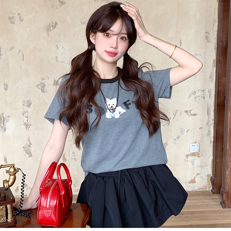 Casual puppy tops all-match printing T-shirt