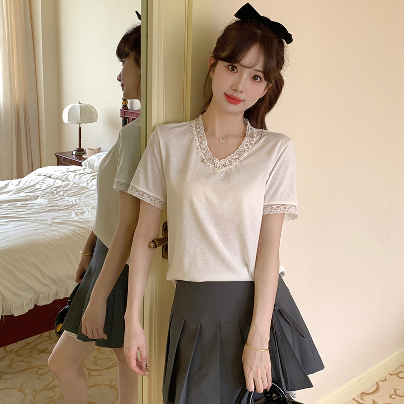 Short sleeve Korean style loose T-shirt V-neck lace tops