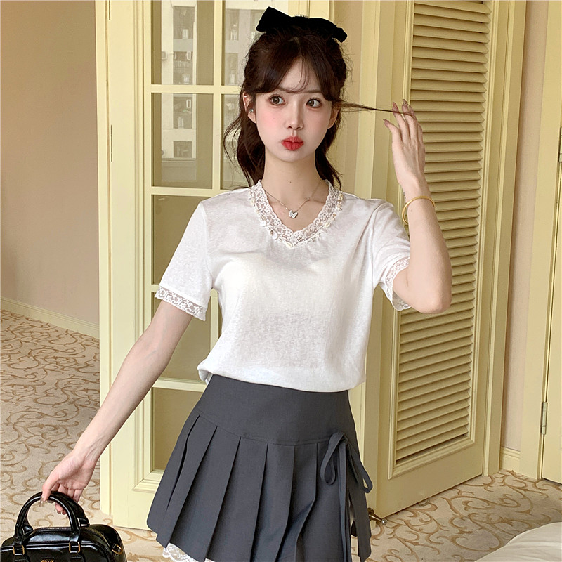Short sleeve Korean style loose T-shirt V-neck lace tops
