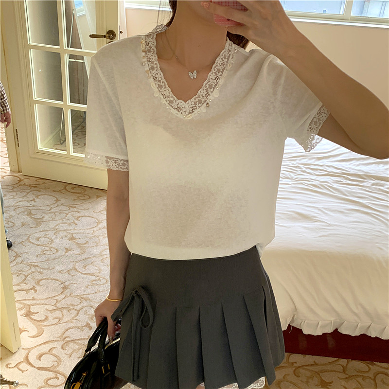 Short sleeve Korean style loose T-shirt V-neck lace tops