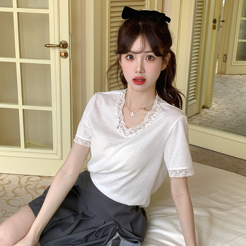 Short sleeve Korean style loose T-shirt V-neck lace tops