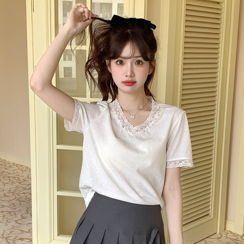 Short sleeve Korean style loose T-shirt V-neck lace tops