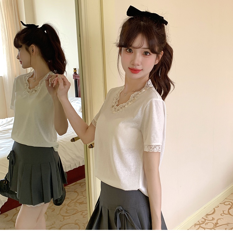 Short sleeve Korean style loose T-shirt V-neck lace tops