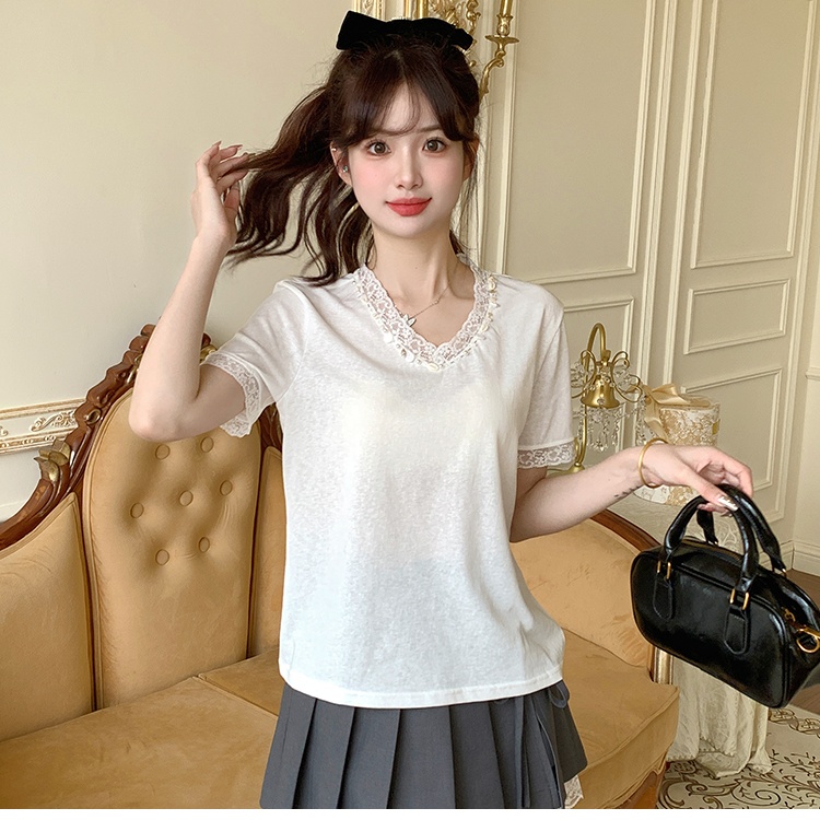 Short sleeve Korean style loose T-shirt V-neck lace tops