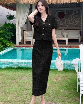 V-neck long skirt package hip tops 2pcs set