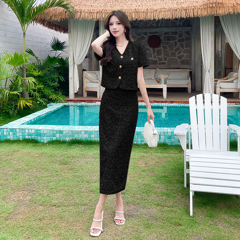 V-neck long skirt package hip tops 2pcs set