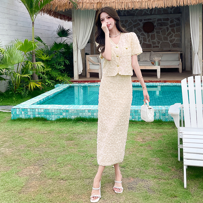 V-neck long skirt package hip tops 2pcs set