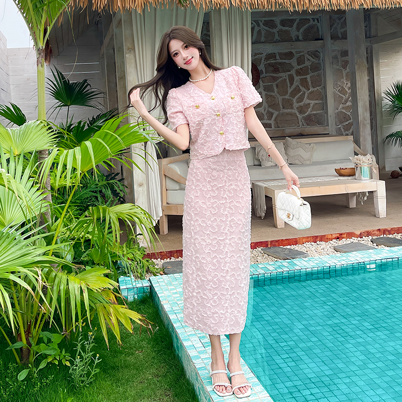 V-neck long skirt package hip tops 2pcs set