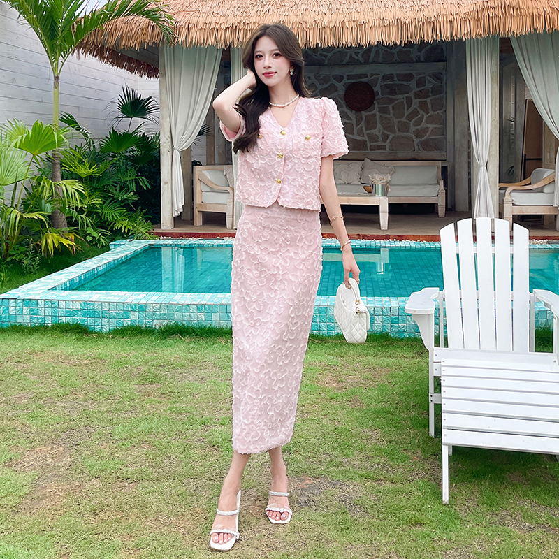 V-neck long skirt package hip tops 2pcs set