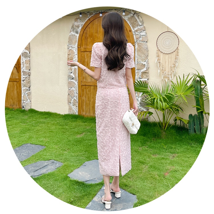 V-neck long skirt package hip tops 2pcs set