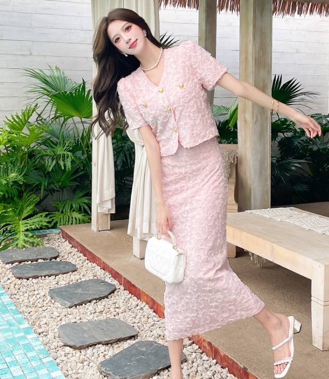 V-neck long skirt package hip tops 2pcs set