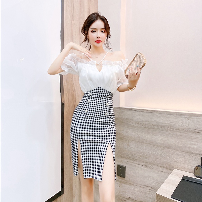 Fashion long strapless summer mixed colors plaid dress