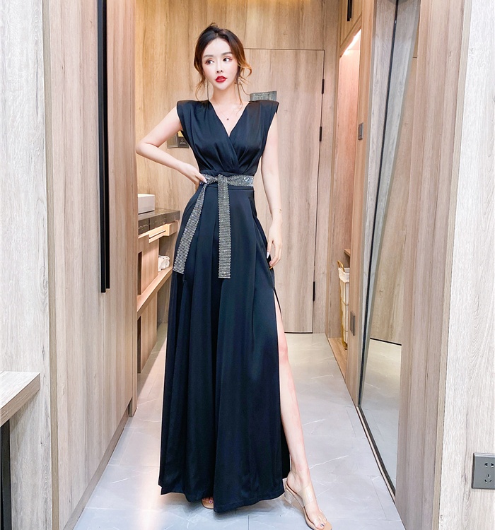 Split V-neck fashion long pants slim wide leg jumpsuit
