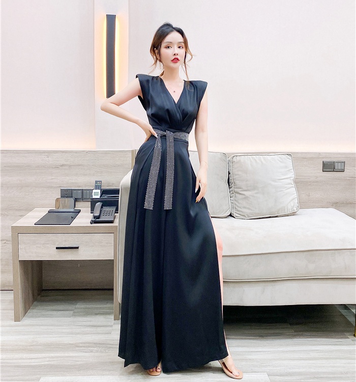 Split V-neck fashion long pants slim wide leg jumpsuit