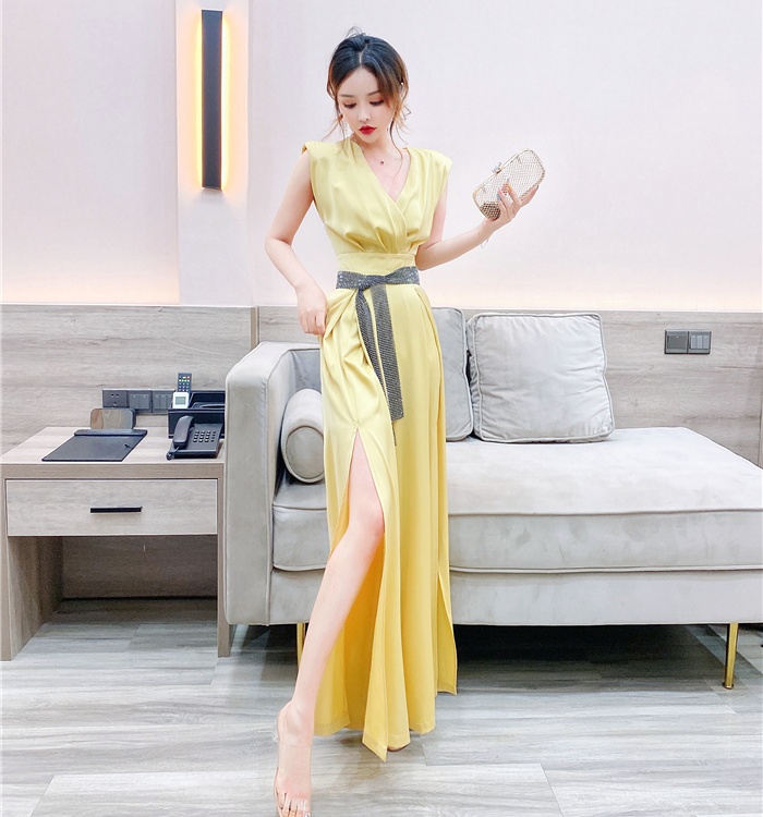 Split V-neck fashion long pants slim wide leg jumpsuit