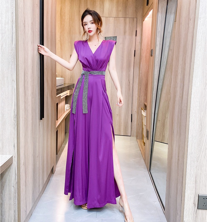 Split V-neck fashion long pants slim wide leg jumpsuit