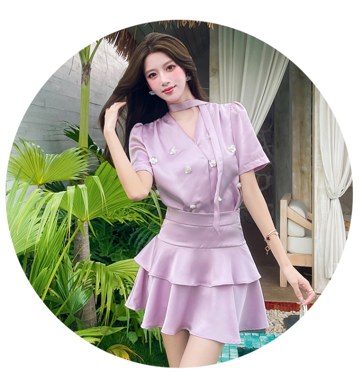 Summer fashion short skirt V-neck tops 2pcs set