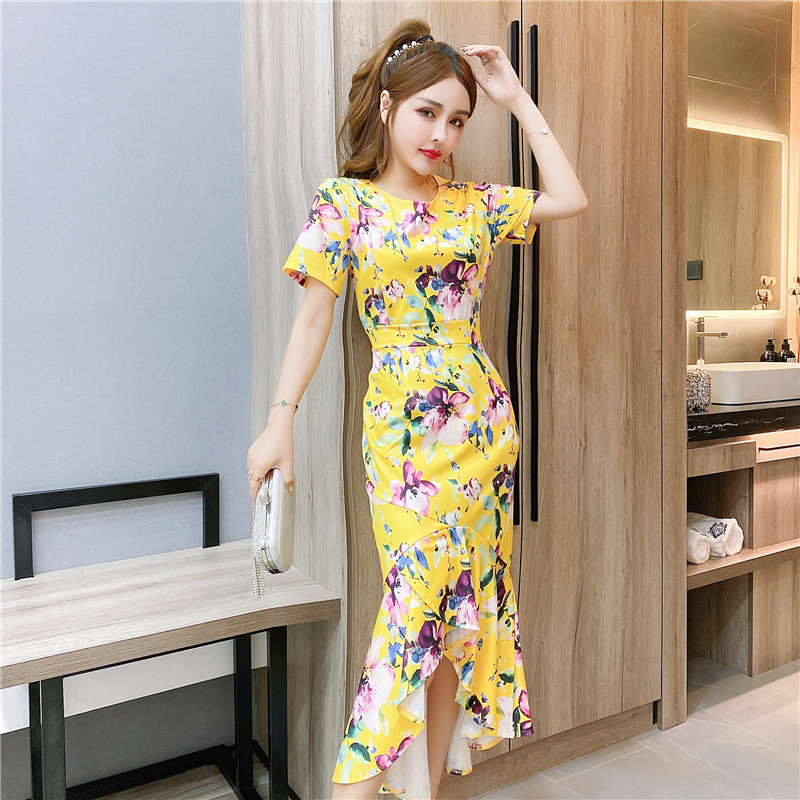 Printing package hip long dress Western style dress