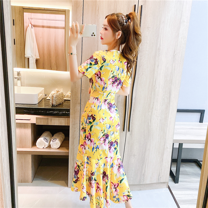 Printing package hip long dress Western style dress