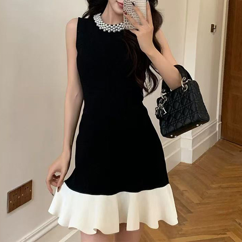 Lotus leaf edges sleeveless dress pinched waist T-back