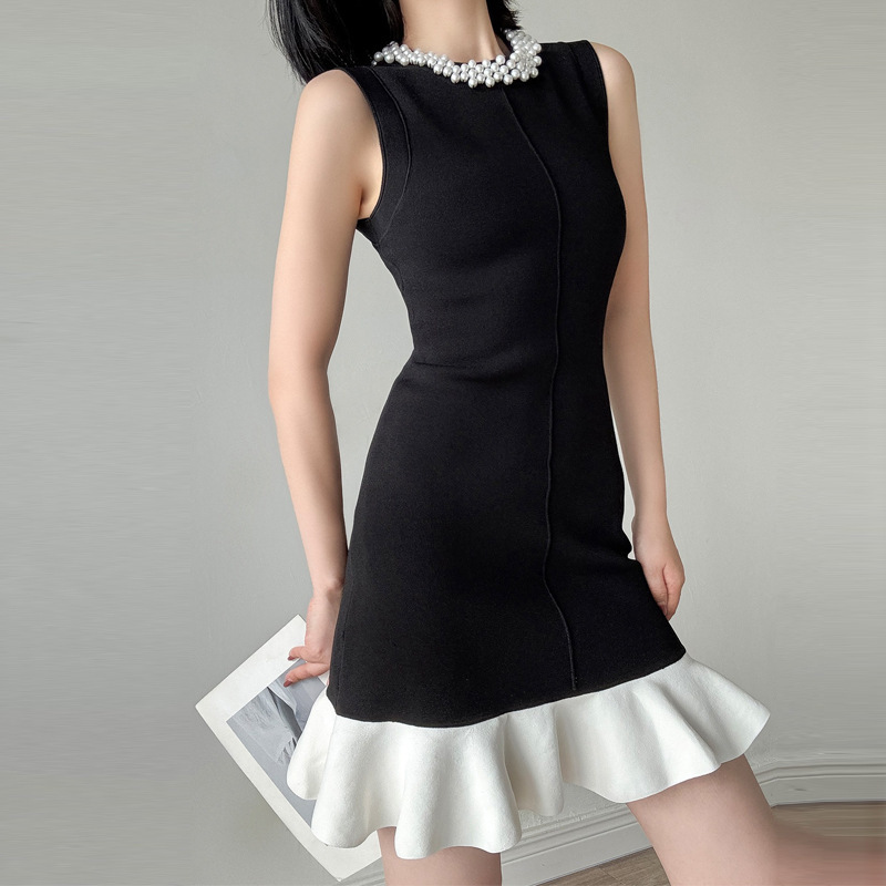 Sleeveless slim T-back lotus leaf edges temperament dress