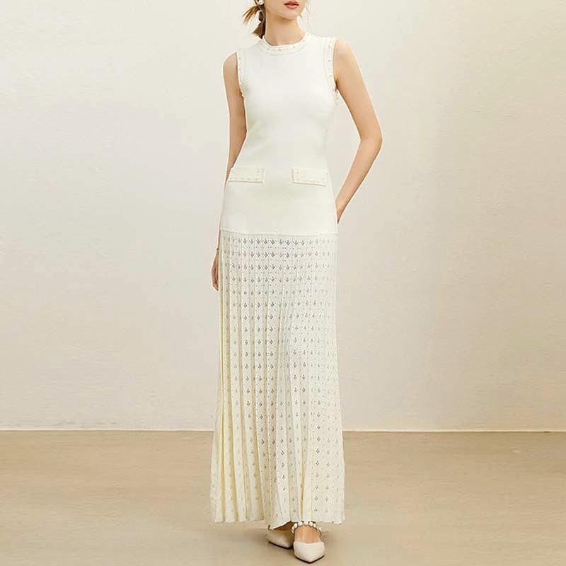 Elegant temperament knitted beading sleeveless dress