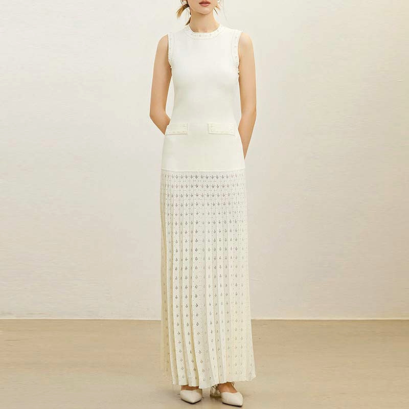 Elegant temperament knitted beading sleeveless dress
