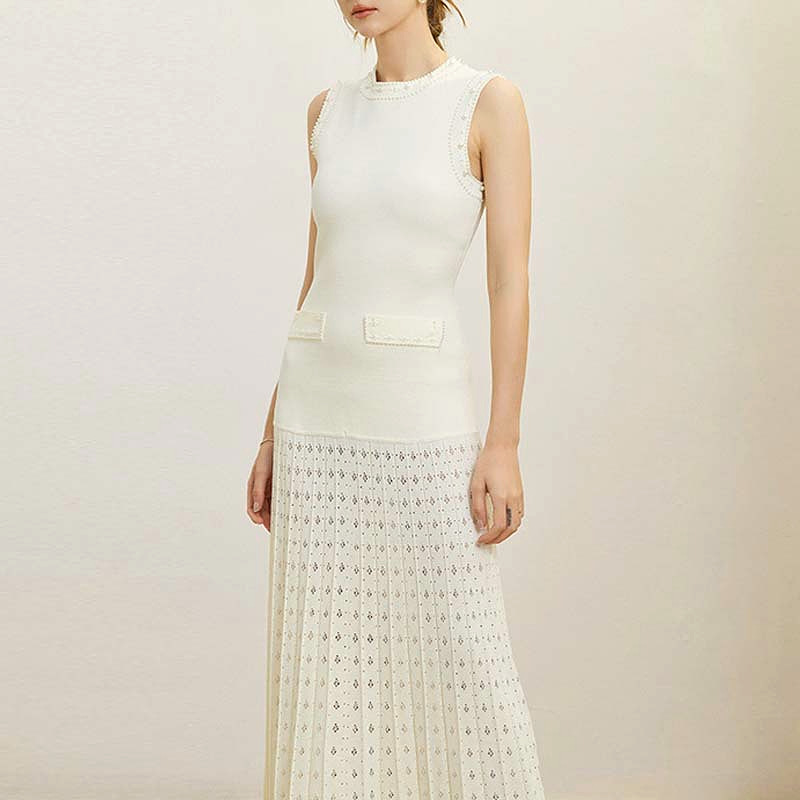 Elegant temperament knitted beading sleeveless dress
