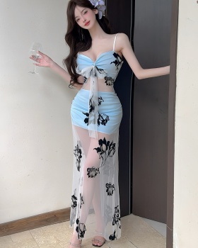 Hollow sling gauze jacquard long bottoming sexy dress