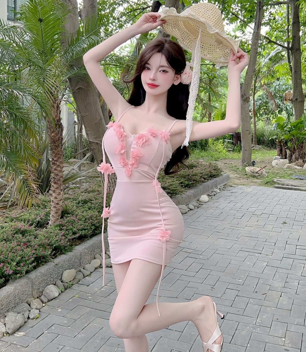 Sexy flowers package hip bottoming sling splice dress