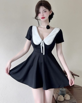 Big skirt bow short sleeve sweet lapel pinched waist dress