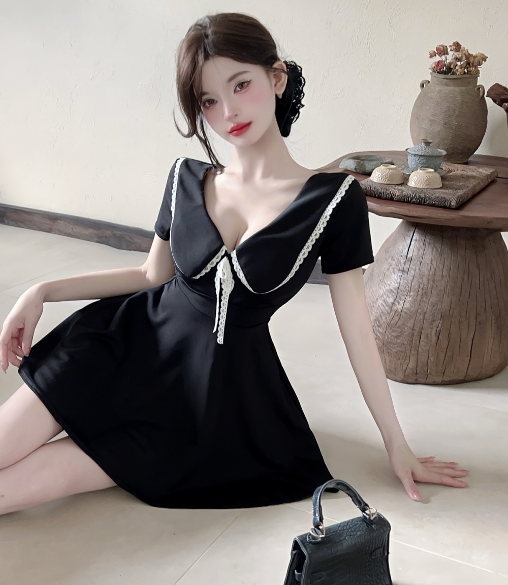 Big skirt bow short sleeve sweet lapel pinched waist dress