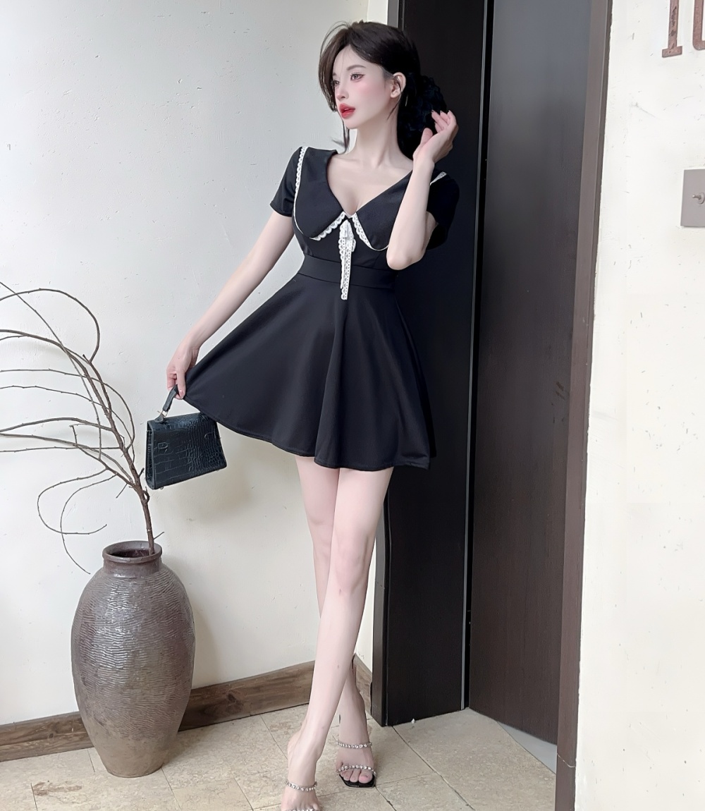 Big skirt bow short sleeve sweet lapel pinched waist dress