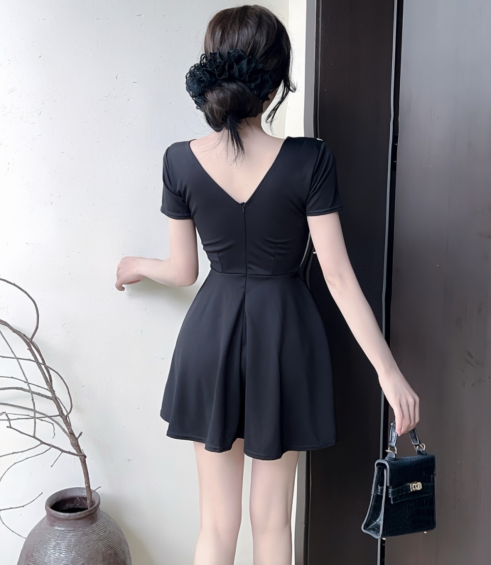 Big skirt bow short sleeve sweet lapel pinched waist dress