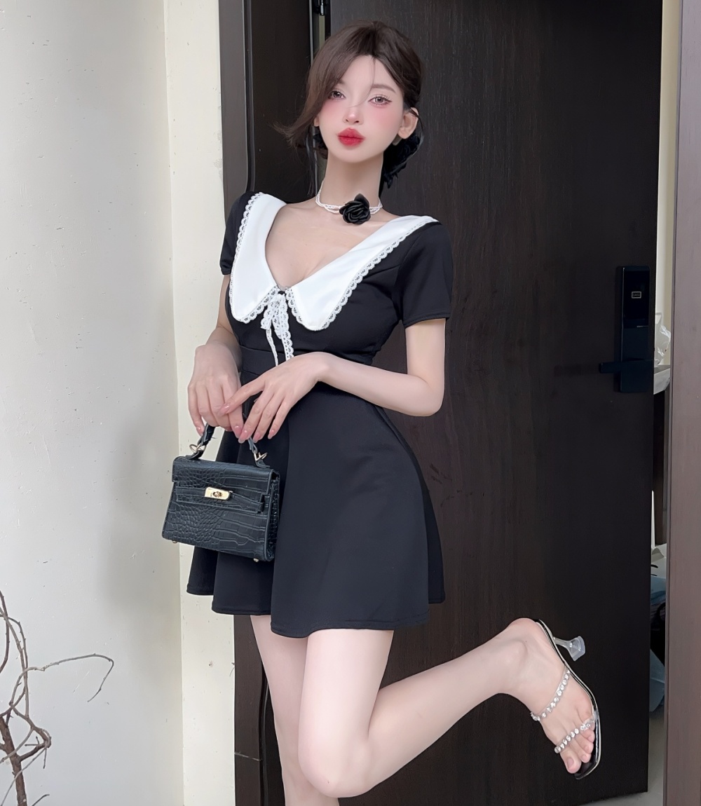 Big skirt bow short sleeve sweet lapel pinched waist dress