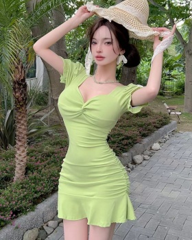Lotus leaf edges summer slim T-back mermaid puff sleeve dress