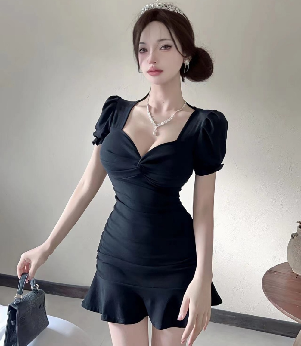 Lotus leaf edges summer slim T-back mermaid puff sleeve dress