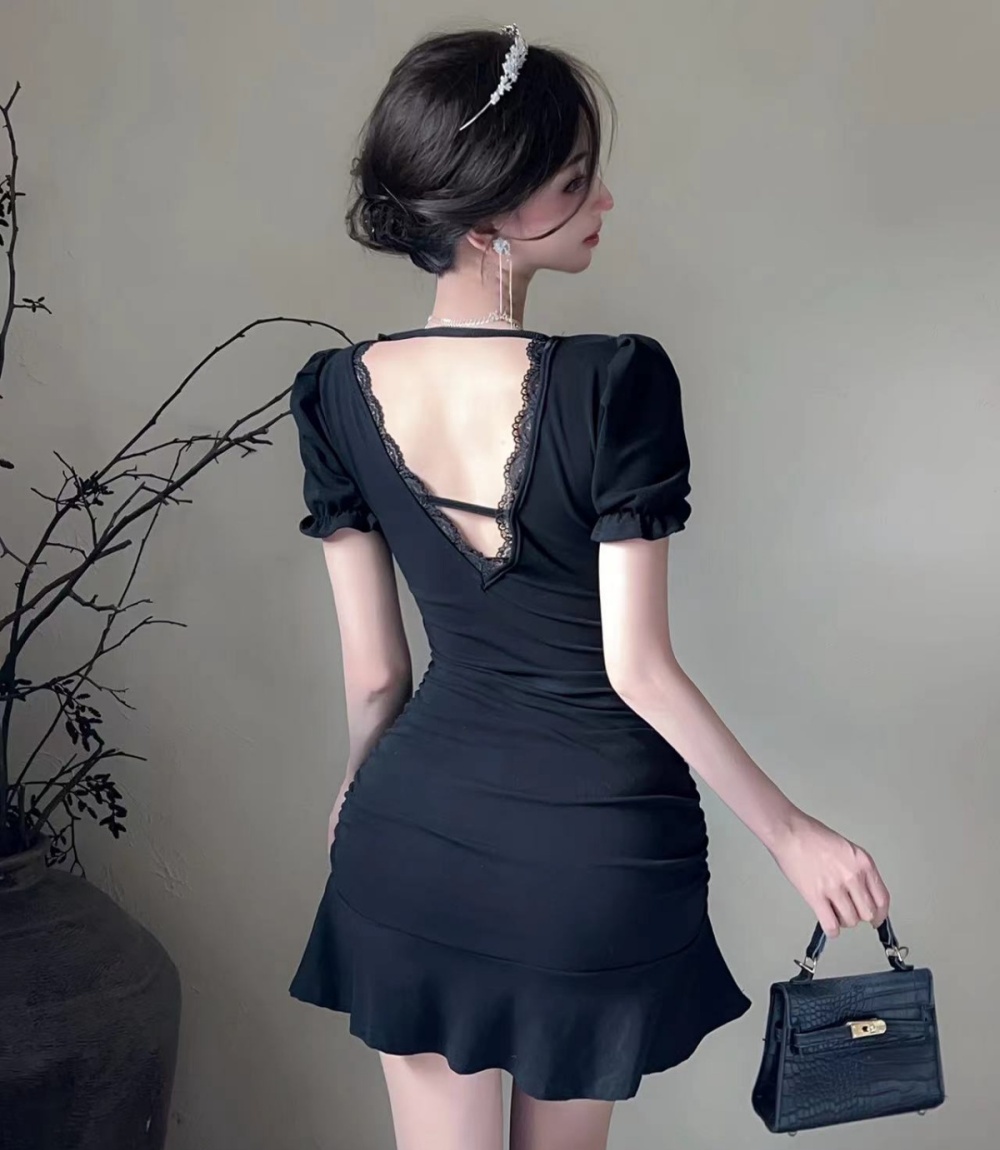 Lotus leaf edges summer slim T-back mermaid puff sleeve dress