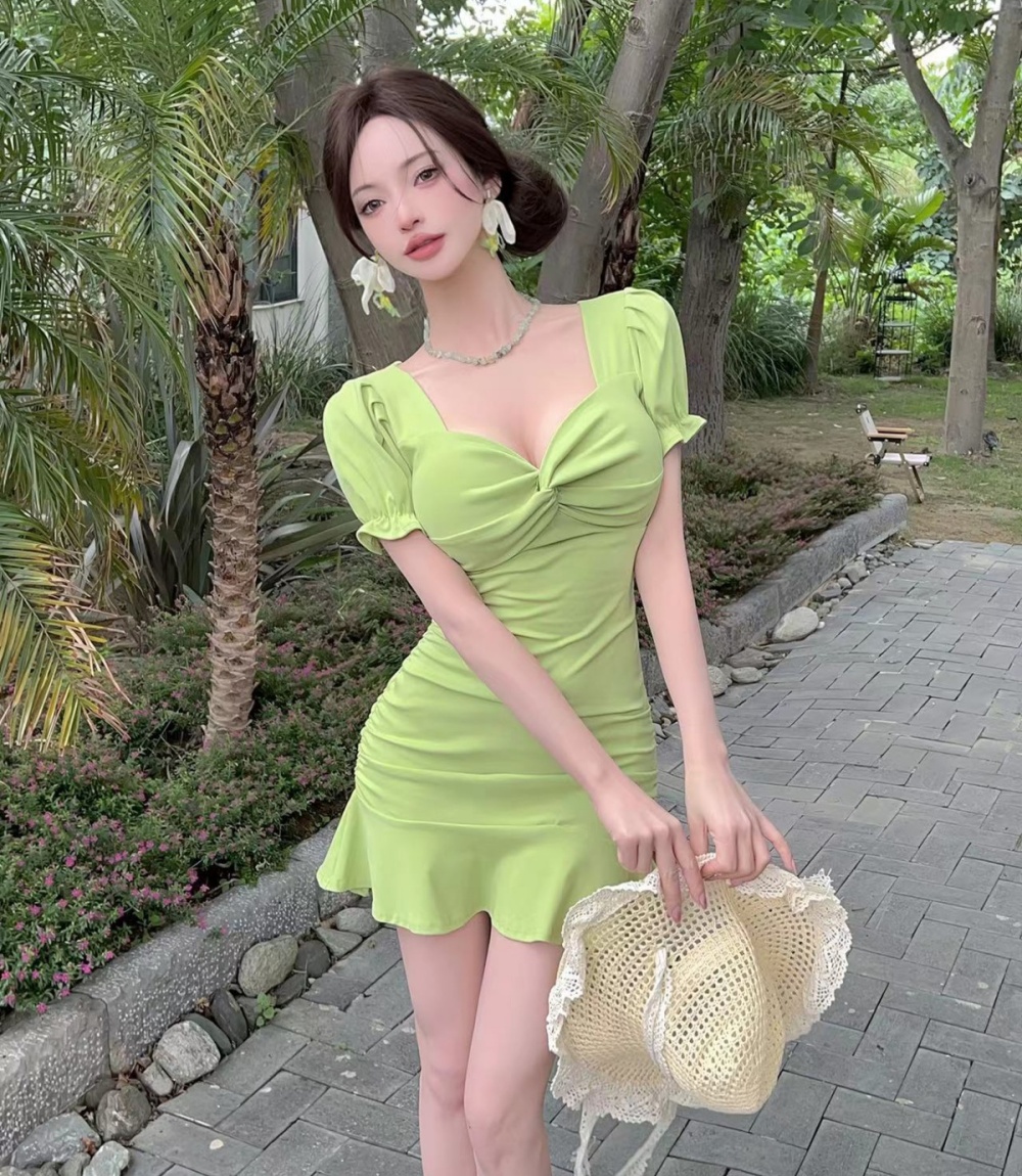 Lotus leaf edges summer slim T-back mermaid puff sleeve dress