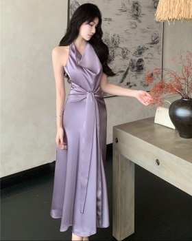 Purple temperament bandage halter pinched waist dress
