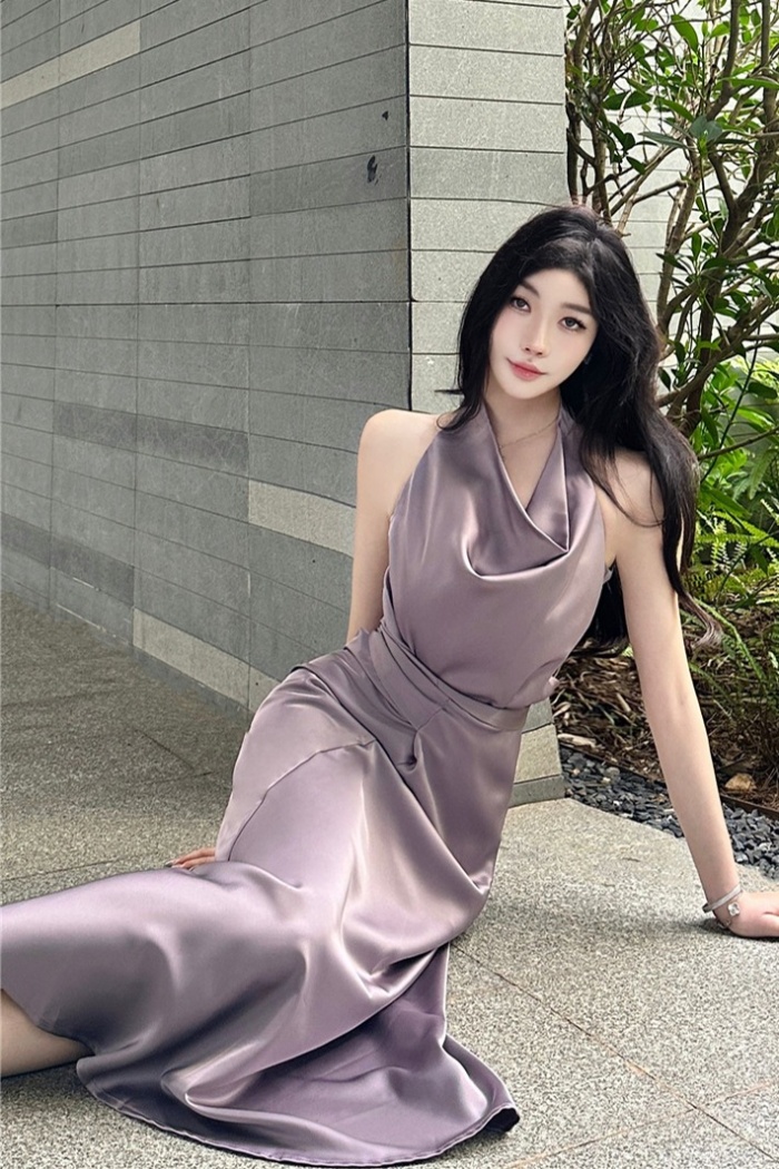Purple temperament bandage halter pinched waist dress