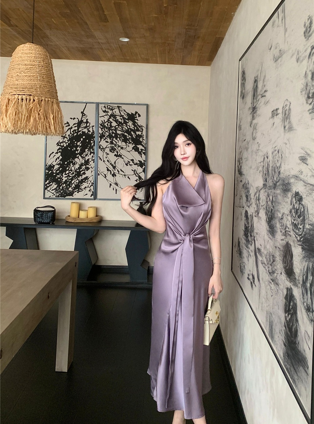 Purple temperament bandage halter pinched waist dress