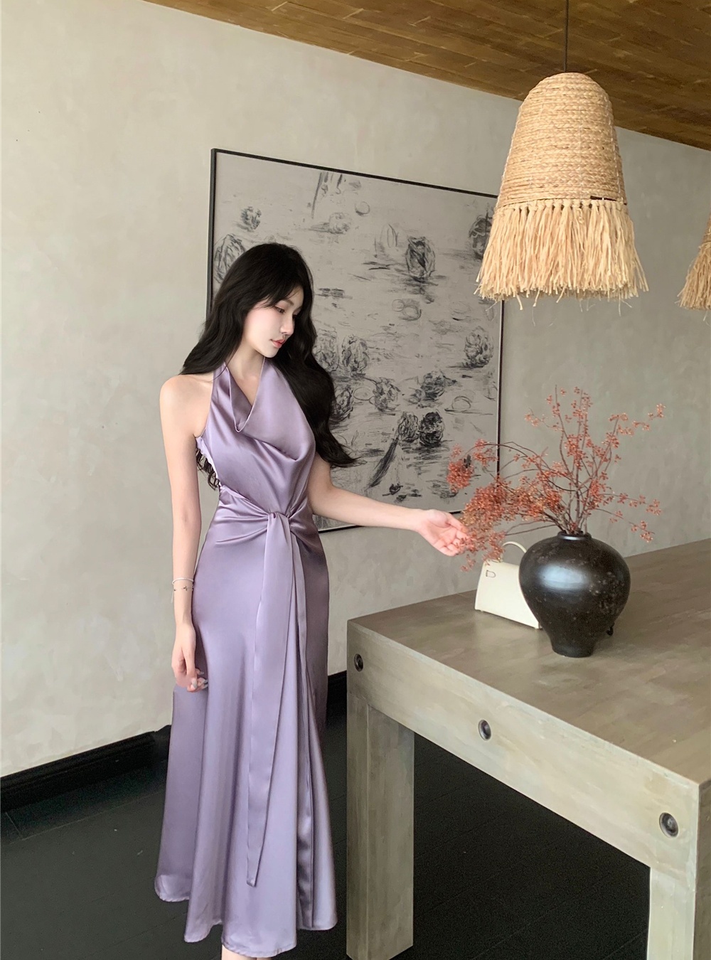 Purple temperament bandage halter pinched waist dress