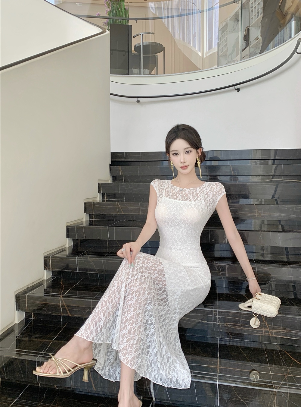 Enticement dress lace long dress 2pcs set for women