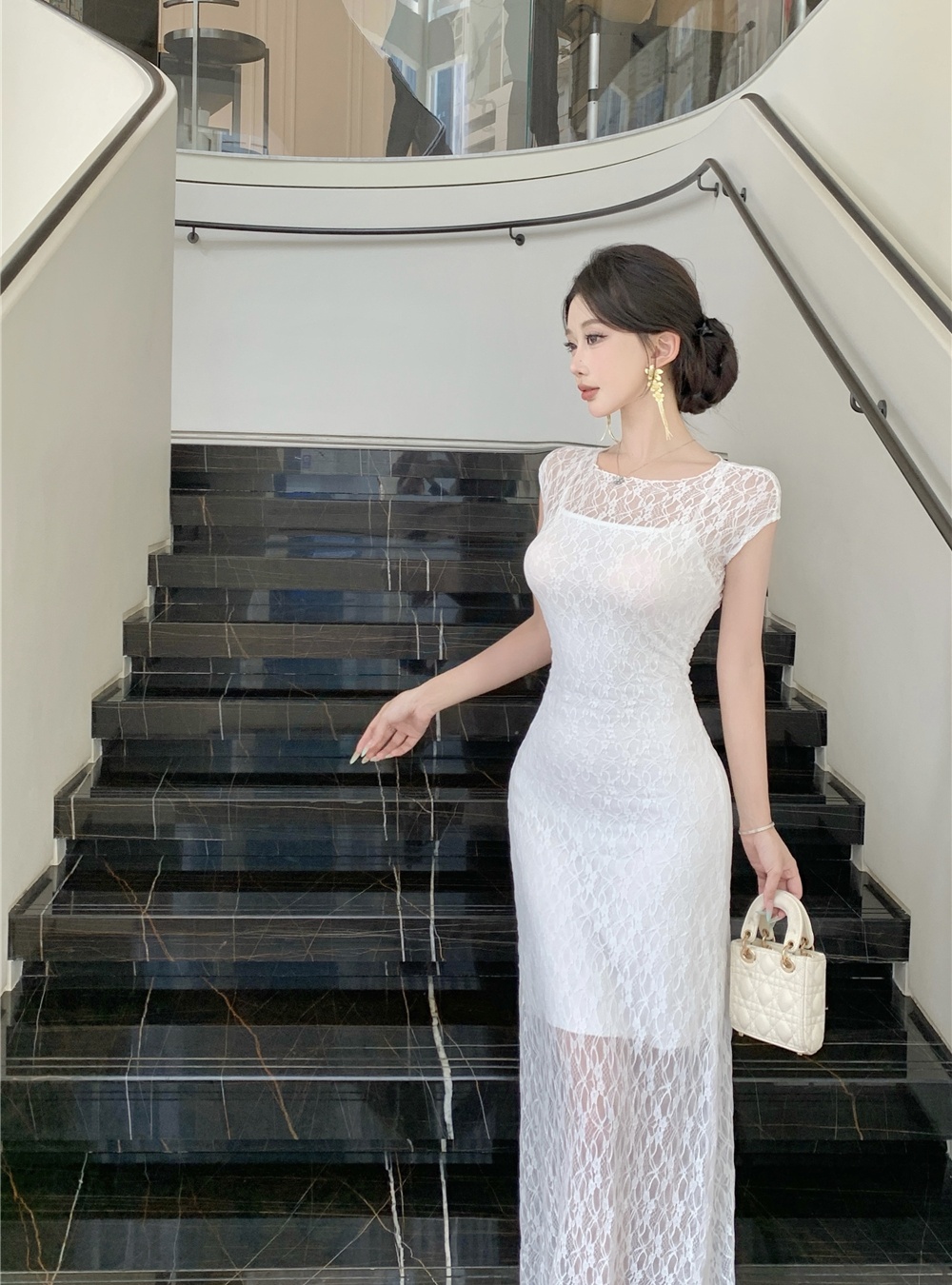 Enticement dress lace long dress 2pcs set for women
