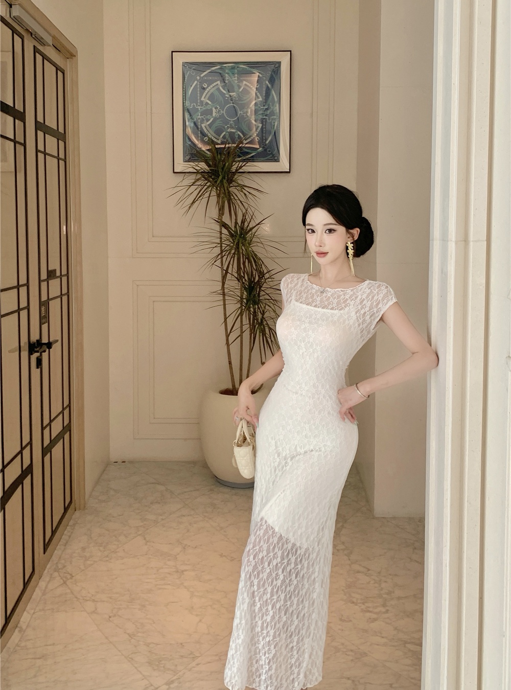 Enticement dress lace long dress 2pcs set for women