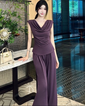 High waist summer wide leg pants Korean style tops 2pcs set
