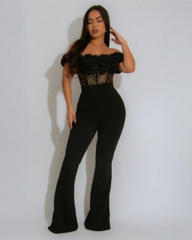 Slim horizontal collar jumpsuit sexy perspective long pants
